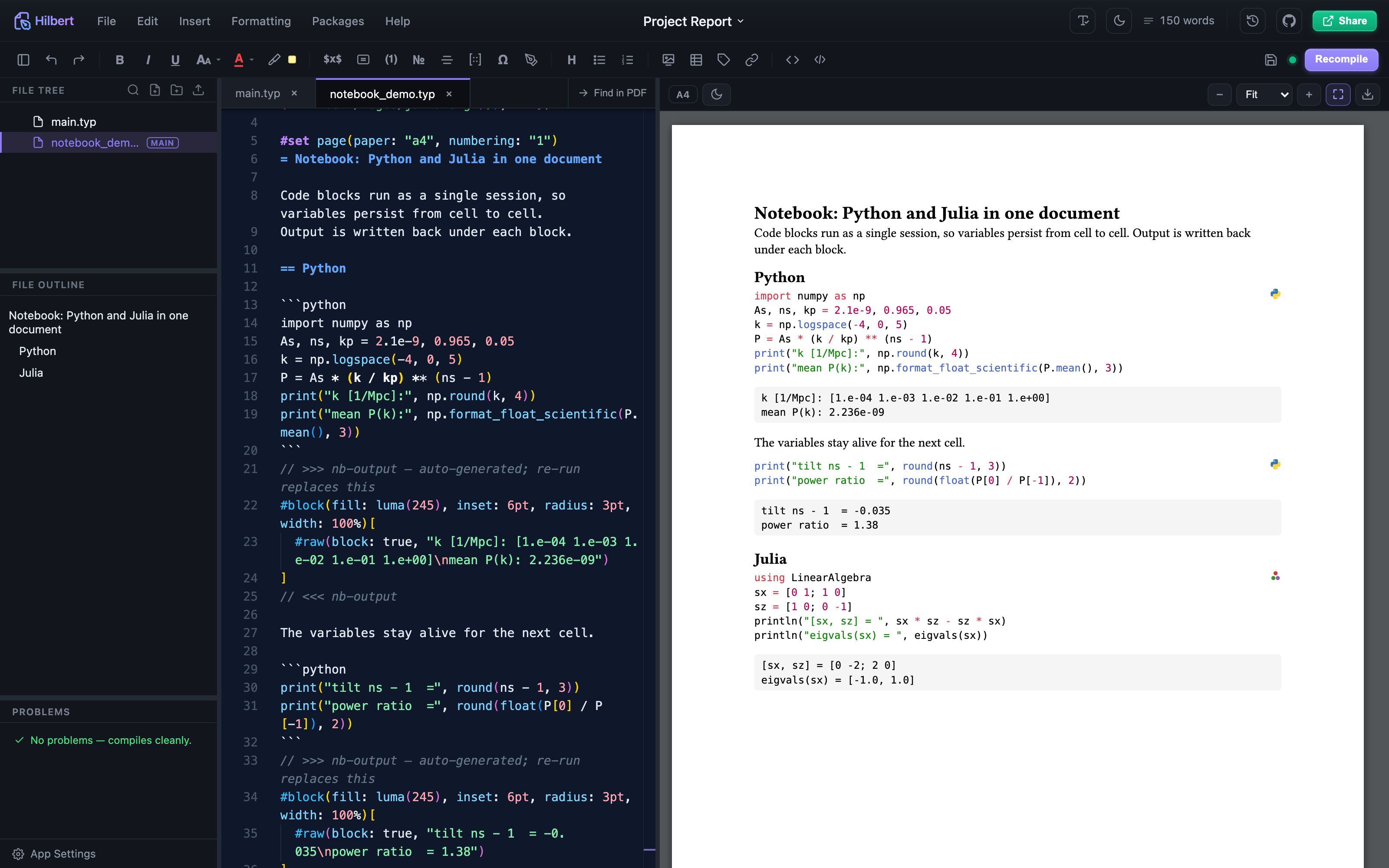 Python and Julia code blocks running inside a Hilbert document, with output and language logos in the compiled PDF