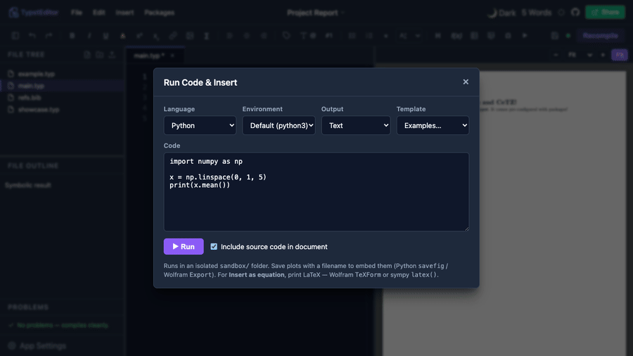 Running code in Hilbert and inserting the result as a typeset equation