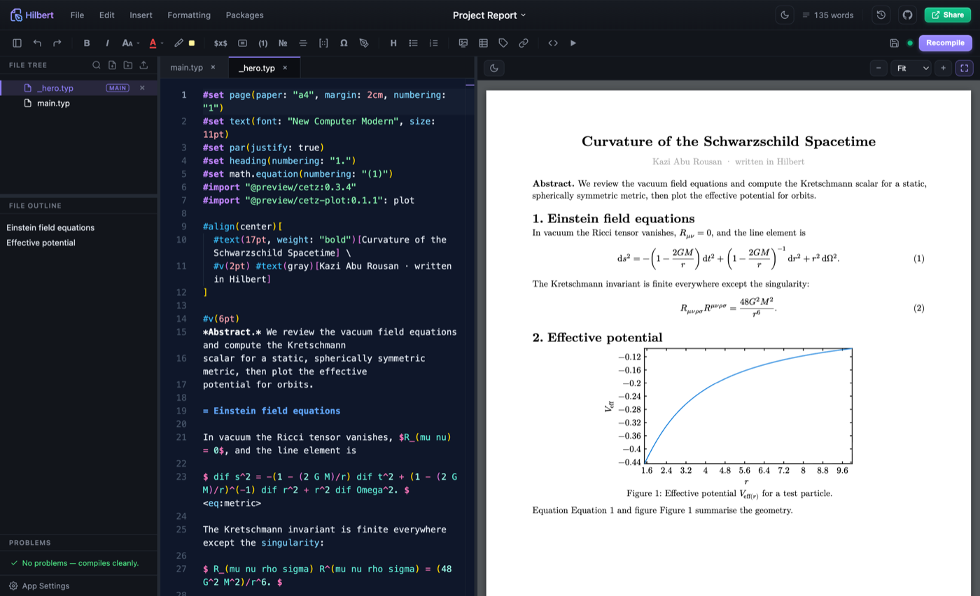 The Hilbert editor: source on the left, live PDF preview on the right