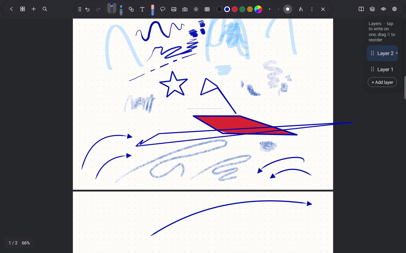 SpanNote with the layers panel open beside a page of drawn shapes