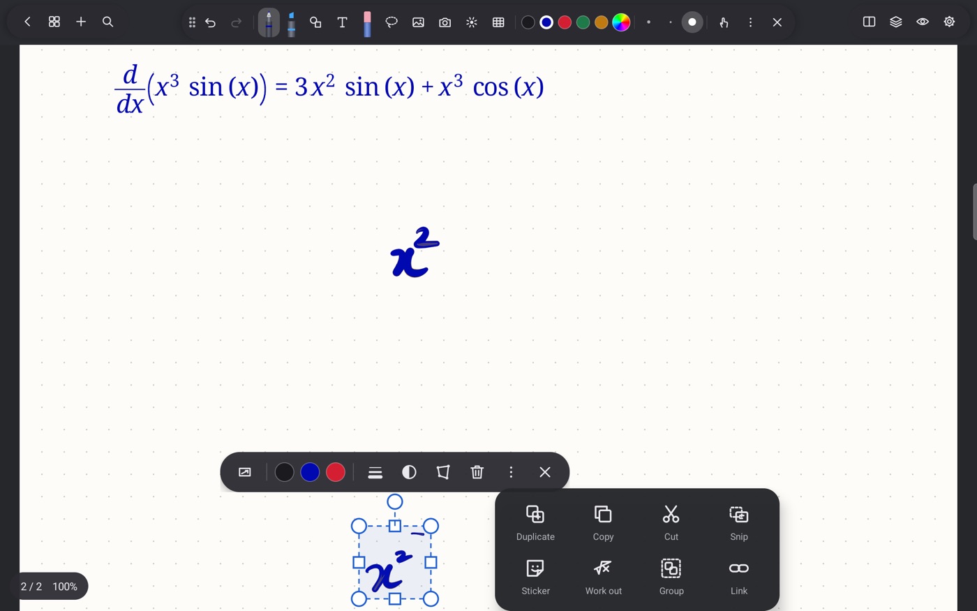 Typed derivative of x cubed times sine x on a SpanNote page, with the lasso menu showing Work out, Snip, Group and Link
