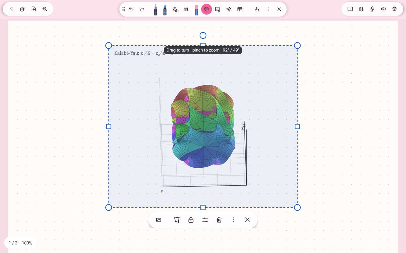 SpanNote in the pink Anime theme, with a selected Calabi-Yau surface and a drag to turn, pinch to zoom tip