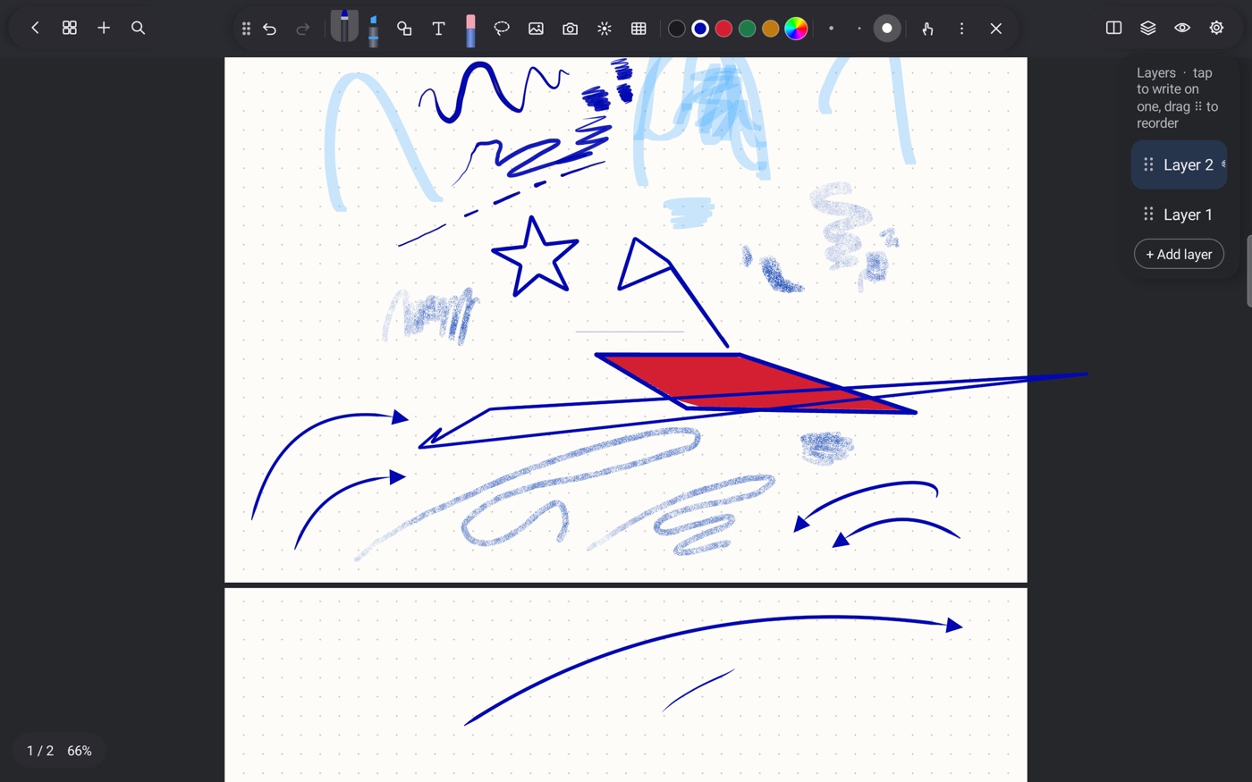 A page of clean arrows, curved arrows, circles, a square and a red filled quadrilateral in SpanNote