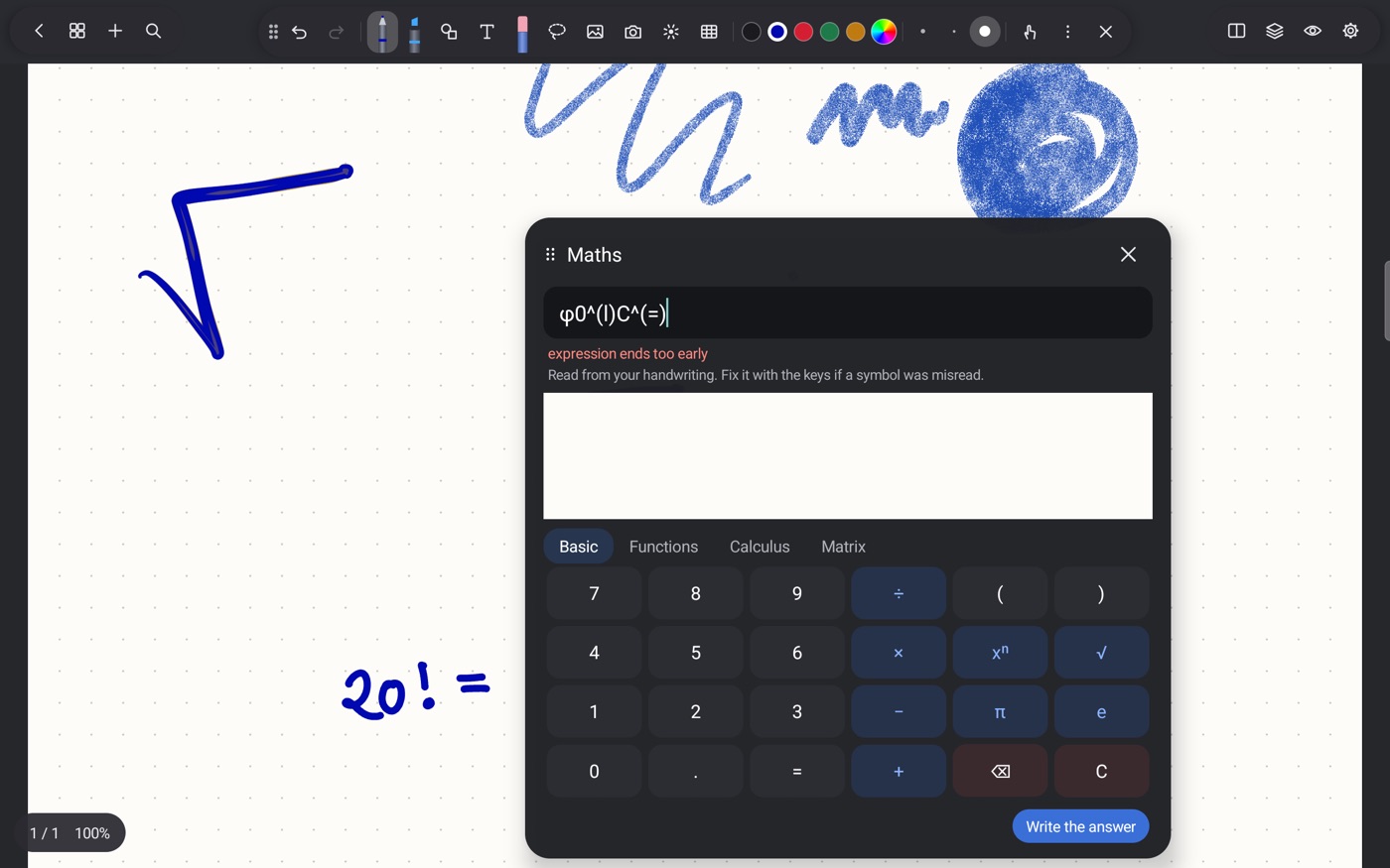 SpanNote Maths panel with keypad and Basic, Functions, Calculus and Matrix tabs, over handwritten 20 factorial